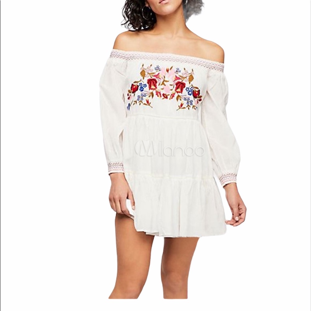 Free People White Off-Shoulder Dress with Floral Embroidery